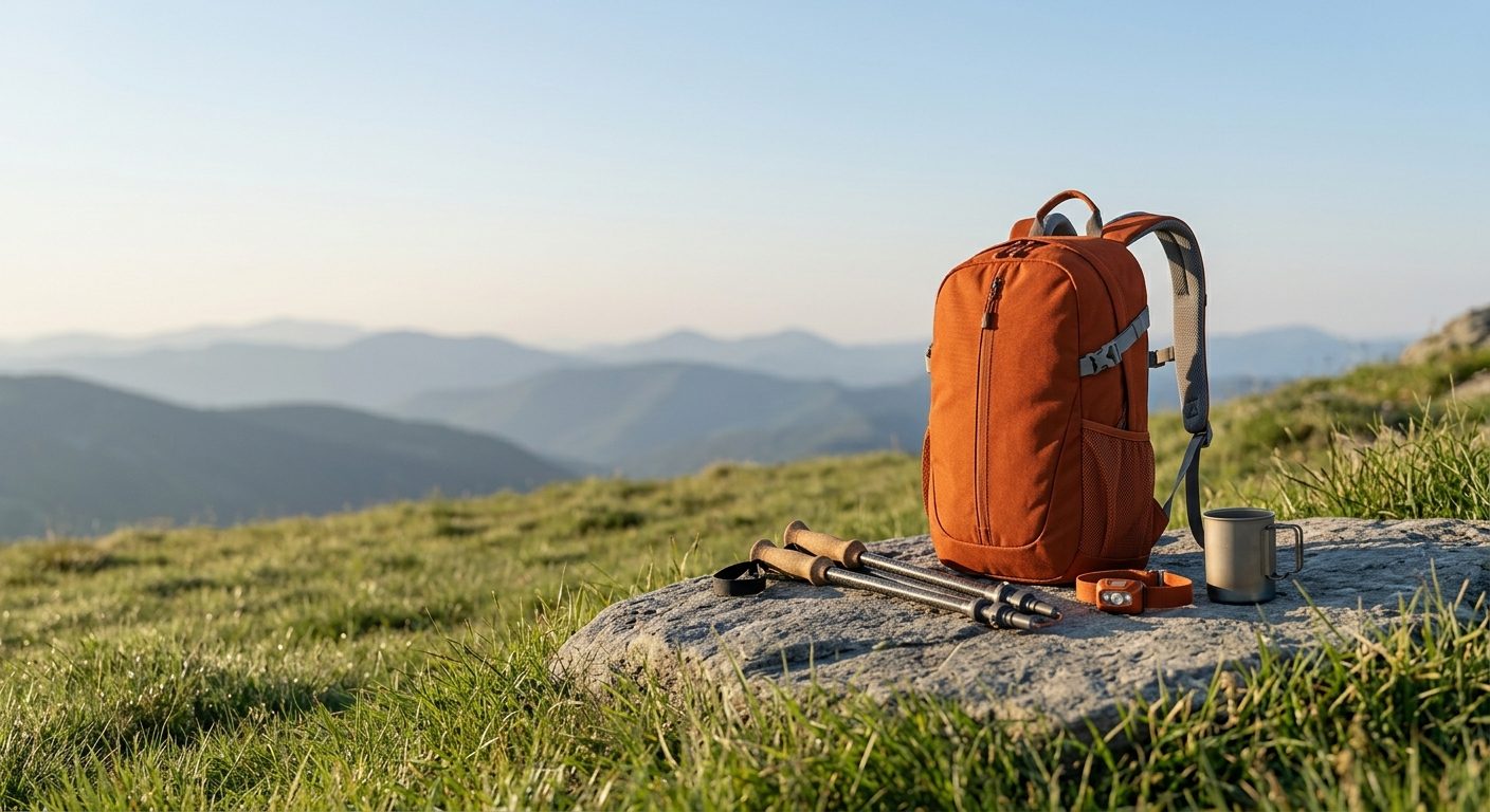 Rucsac portocaliu pe o piatră, lângă bețe de trekking, o frontală și o cană, pe o pajiște cu munți în spate